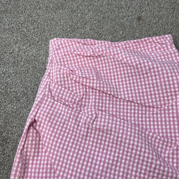 Zara Skirt Womens Small Pink Gingham Check Wrap Asymmetric Mini Lined High Waist - Picture 3 of 14